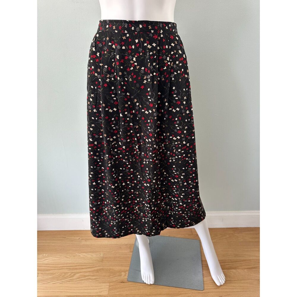 Vintage 90s Black Floral Midi Skirt Ditsy Print Pleated High Waist Plus Size 1X